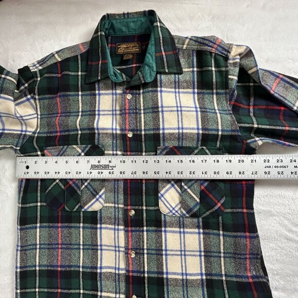 Eddie Bauer Mens Small Flannel Plaid Shirt Green Button Up Wool Blend Pockets - Picture 6 of 9